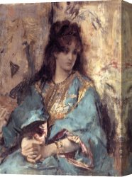 Oriental Canvas Paintings - A Woman Seated in Oriental Dress by Alfred Stevens