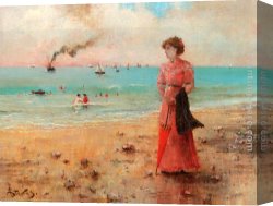 Femme Nue Couchee Canvas Paintings - Jeune femme a l'ombrelle rouge au bord de la mer by Alfred Stevens