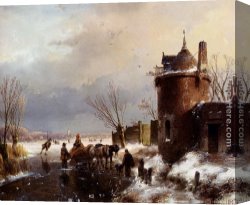 Town Canvas Paintings - Figures With A Horse Sledge On The Ice, A Town In The Distance by Andreas Schelfhout