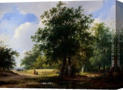 Peasants Canvas Paintings - Peasants In A Cornfield by Andreas Schelfhout