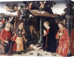 St Sebastian Tended by St Irene Canvas Paintings - Nativity with Sts Lawrence and Andrew by Antoniazzo Romano