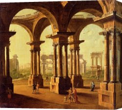 Figure Canvas Paintings - Cappricio Of Roman Ruins with Classical Figures by Antonio Joli