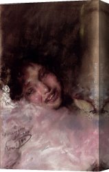 Young Girl Defending Herself Against Cupid Canvas Paintings - A Young Girl Laughing by Antonio Mancini