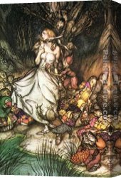 Arthur Hacker Canvas Paintings - Goblin Market White and golden Lizzie stood by Arthur Rackham