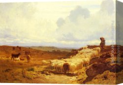 Landscape with Shepherds Watering Their Flocks Canvas Paintings - A Shepherd and his Flock by Auguste Bonheur