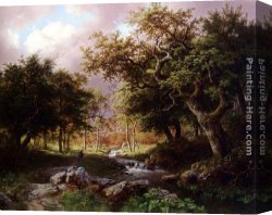 Landscape with Stream And Mountains Canvas Paintings - A Wooded Landscape With Figures Along A Stream by Barend Cornelis Koekkoek
