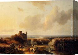 Ruins in a Landscape Canvas Paintings - AnExtensive River Landscape With Travellers On A Path And A Castle In Ruins In The Distance by Barend Cornelis Koekkoek