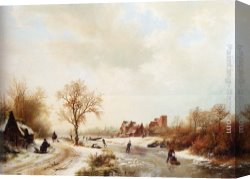 Peasants Canvas Paintings - Winterlandschap A Winter Landscape With Skaters On A Frozen Waterway And Peasants By A Farm In The Foreground by Barend Cornelis Koekkoek