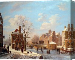 Johannes Vermeer Canvas Paintings - A Dutch Town Scene in Winter by Bartholomeus Johannes Van Hove