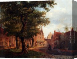 Square Canvas Paintings - A Village Square With Villagers Conversing Under Trees by Bartholomeus Johannes Van Hove
