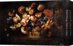 Bartolome Canvas Paintings - Basket of Flowers by Bartolome Perez