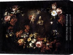 Bartolome Canvas Paintings - Garland of Flowers with St Anthony of Padua by Bartolome Perez