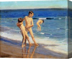 Boy Lighting a Pipe Canvas Paintings - Boys At The Beach by Benito Rebolledo Correa