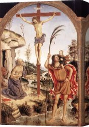 Jerome Canvas Paintings - The Crucifixion with Sts Jerome and Christopher by Bernardino Pinturicchio