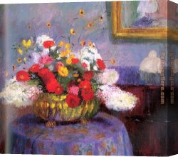 A Still Life with Flowers Grapes And a Melon Canvas Paintings - Still Life Round Bowl with Flowers by Bernhard Gutmann