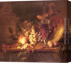 Wine Canvas Paintings - Still Life with Fruit, a Glass of Wine and a Bronze Vessel on a Ledge by Blaise Alexandre Desgoffe