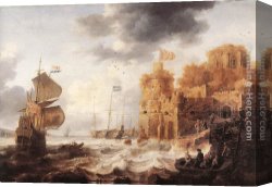 Dordrecht Harbour by Moonlight Canvas Paintings - An Oriental Harbour by Bonaventura Peeters the Elder