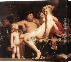 Nymph And Triton Canvas Paintings - Bacchus with Two Nymphs and Cupid by Caesar van Everdingen