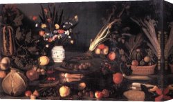 A Still Life with Flowers Grapes And a Melon Canvas Paintings - Still Life with Flowers and Fruit by Caravaggio