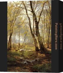 Scene Canvas Paintings - A Woodland Scene With Deer by Carl Fredrik Aagard