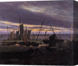 Dordrecht Harbour by Moonlight Canvas Paintings - Boats in the Harbour at Evening by Caspar David Friedrich