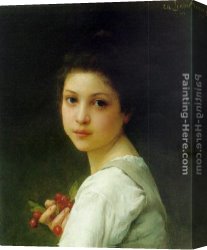 Portrait of a Girl Wearing a Pearl Necklace Canvas Paintings - Portrait of a young girl with cherries by Charles Amable Lenoir