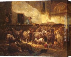 A Shepherdess with Her Flock Canvas Paintings - A Flock Of Sheep In A Barn by Charles Emile Jacque