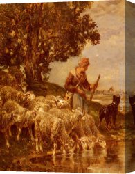 Landscape with Shepherds Watering Their Flocks Canvas Paintings - A Shepherdess Watering Her Flock by Charles Emile Jacque