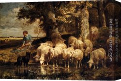 A Shepherdess with Her Flock Canvas Paintings - A Shepherdess With Her Flock by Charles Emile Jacque