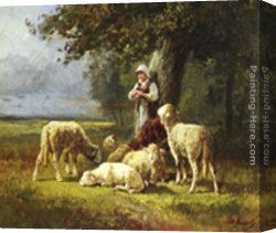 A Shepherdess with Her Flock Canvas Paintings - A Shepherdess With Her Flock In A Woodland Clearing by Charles Emile Jacque