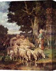 A Shepherdess with Her Flock Canvas Paintings - A Shepherdess with her Flock near a Stream by Charles Emile Jacque