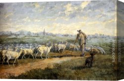 Landscape with Shepherds Watering Their Flocks Canvas Paintings - Landscape with a Flock of Sheep by Charles Emile Jacque