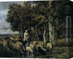 Landscape with Shepherds Watering Their Flocks Canvas Paintings - Shepherdess watering flock by Charles Emile Jacque