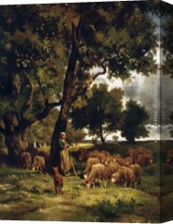 A Shepherdess with Her Flock Canvas Paintings - The shepherdess and her flock by Charles Emile Jacque