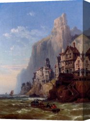 Town Canvas Paintings - Rowing Out At A Coastal Town by Charles Euphrasie Kuwasseg