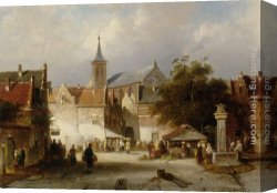 Town Canvas Paintings - A Busy Market in a Dutch Town by Charles Henri Joseph Leickert