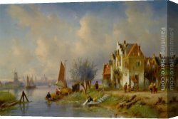 Joseph-charles-paul, Prince Napol Canvas Paintings - A summer landscape with figures on a riverbank by Charles Henri Joseph Leickert