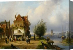 Town Canvas Paintings - A Town View with Figures by a Market Street Stall by Charles Henri Joseph Leickert