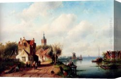 Joseph-charles-paul, Prince Napol Canvas Paintings - A Village Along A River, A Town In The Distance by Charles Henri Joseph Leickert