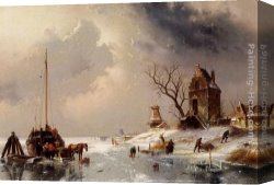 Joseph-charles-paul, Prince Napol Canvas Paintings - Figures Loading A Horse-Drawn Cart On The Ice by Charles Henri Joseph Leickert
