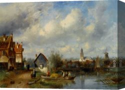 Joseph-charles-paul, Prince Napol Canvas Paintings - Figures on a Barge Near a Winterside Village by Charles Henri Joseph Leickert