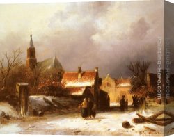 Joseph-charles-paul, Prince Napol Canvas Paintings - Figures on a Snow Covered Path with a Dutch Town beyond by Charles Henri Joseph Leickert