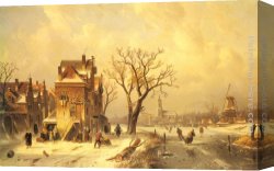 Joseph-charles-paul, Prince Napol Canvas Paintings - Skaters in a Frozen Winter Landscape by Charles Henri Joseph Leickert