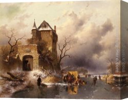 Joseph-charles-paul, Prince Napol Canvas Paintings - Skaters on a Frozen Lake by the Ruins of a Castle by Charles Henri Joseph Leickert