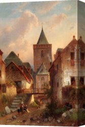 Joseph-charles-paul, Prince Napol Canvas Paintings - View In A German Village With Washerwomen by Charles Henri Joseph Leickert