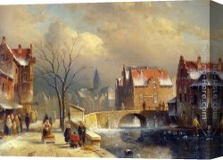 Joseph-charles-paul, Prince Napol Canvas Paintings - Winter Villagers on a Snowy Street by a Canal by Charles Henri Joseph Leickert