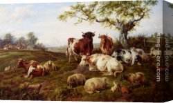 Deer Canvas Paintings - Resting Cattle, Sheep And Deer, A Farm Beyond by Charles Jones