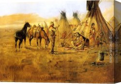 Indian Sacrifice Canvas Paintings - Cowboy Bargaining for an Indian Girl by Charles Marion Russell