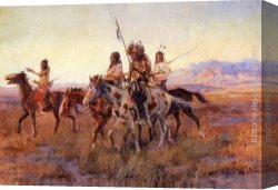 Charles Canvas Paintings - Four Mounted Indians by Charles Marion Russell