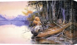 Indian Sacrifice Canvas Paintings - Indian Camp - Lake McDonald by Charles Marion Russell